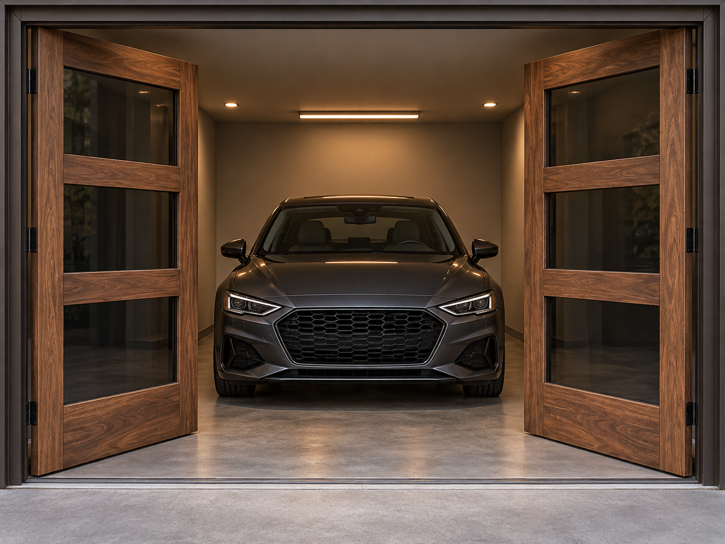 Wood-and-glass one-car garage concept with inward side-opening doors and a car inside