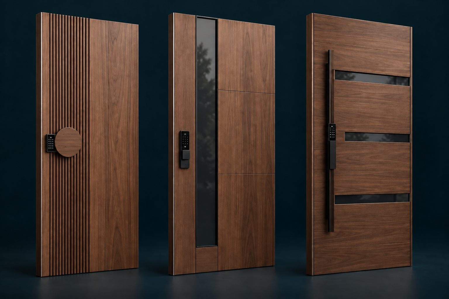 Three walnut entry-door concepts with smart keypads: fluted wood with a round wooden handle, vertical smoked glass, and horizontal smoked-glass panels.
