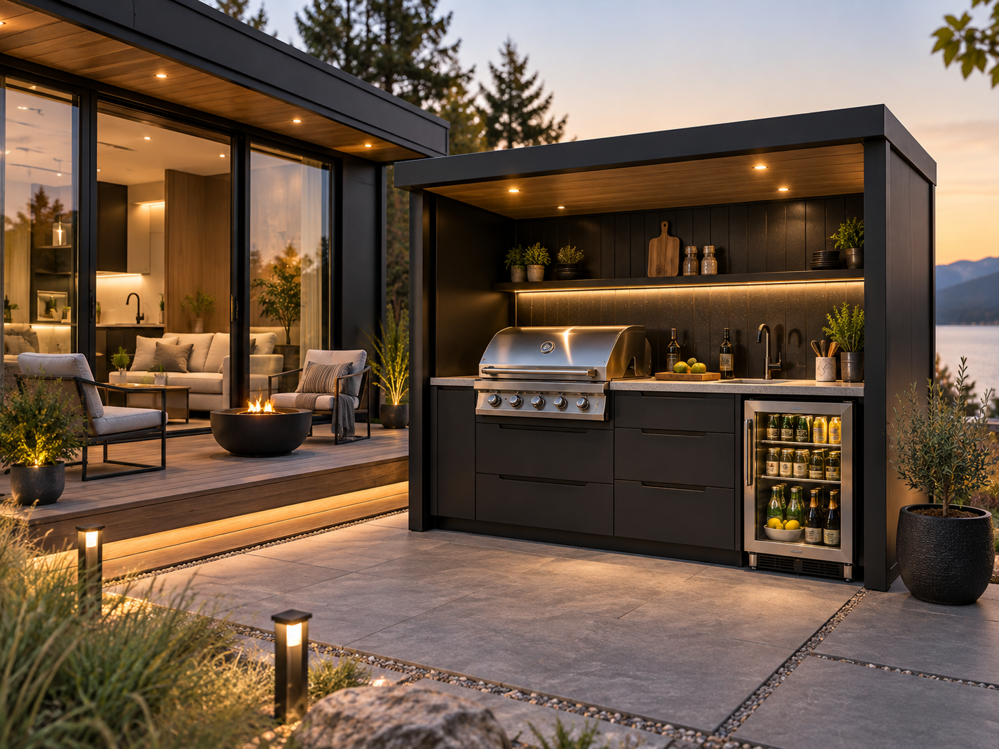 Outdoor kitchen pod concept integrated into a luxury tiny home patio