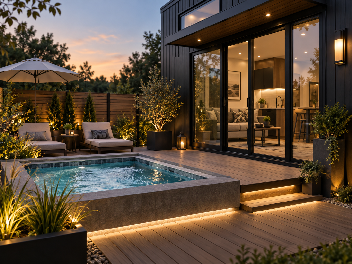 Modern tiny home patio with a plunge pool or spa-style hot tub pad
