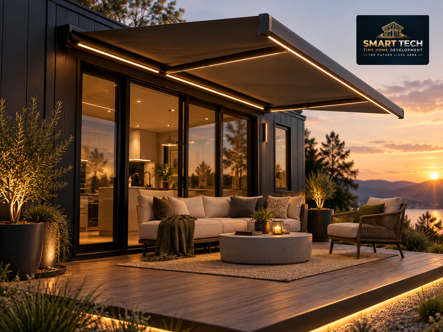 Smart Tech outdoor lounge concept with a retractable awning and seating at sunset