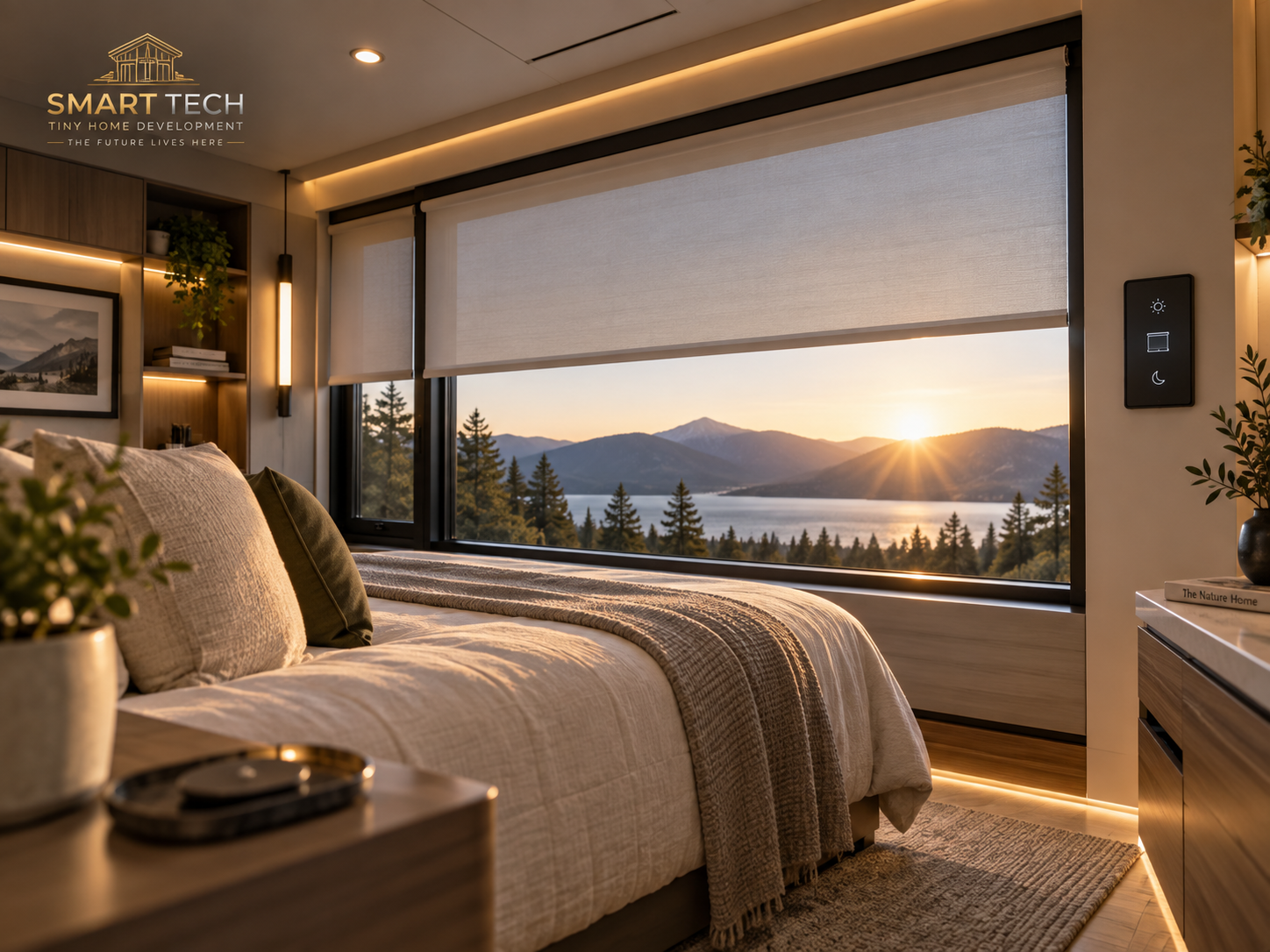 Premium bedroom concept with privacy-focused smart glass and soft golden light