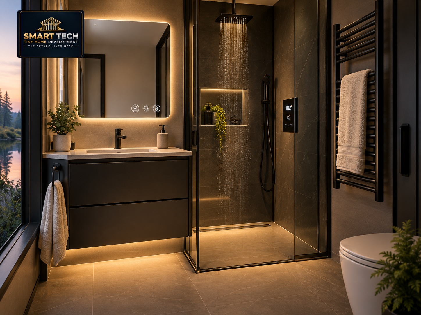 Smart spa bathroom concept with sleek shower, vanity lighting, and a warm luxury feel
