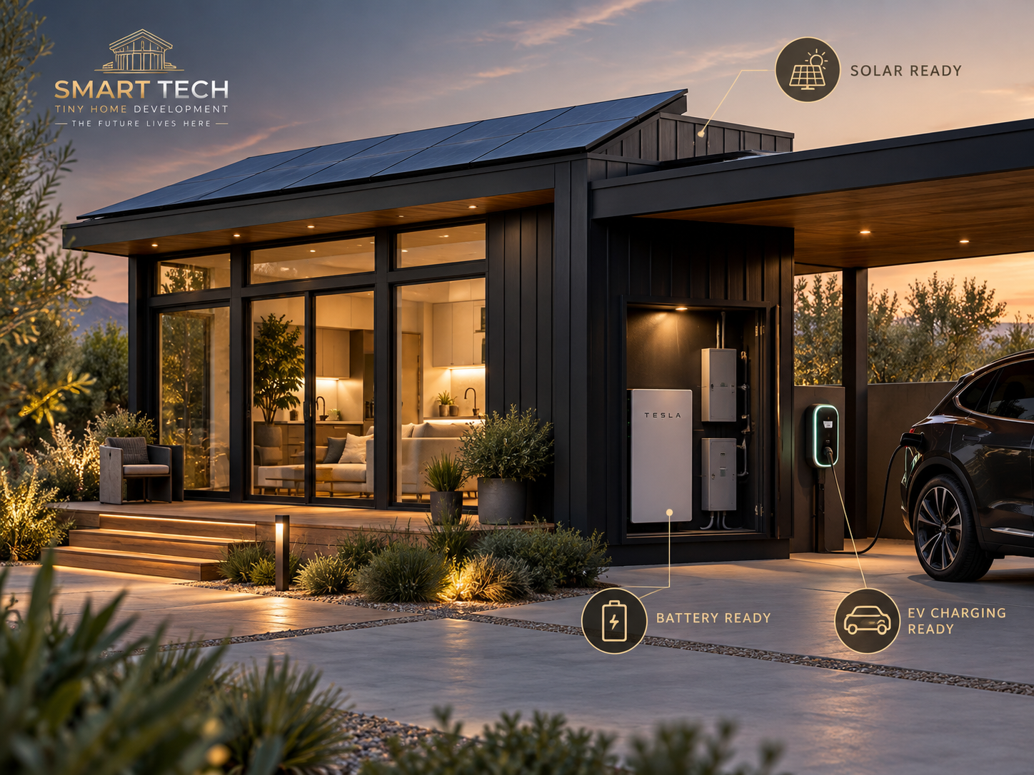 Modern Smart Tech tiny home exterior showing future-ready sustainability features
