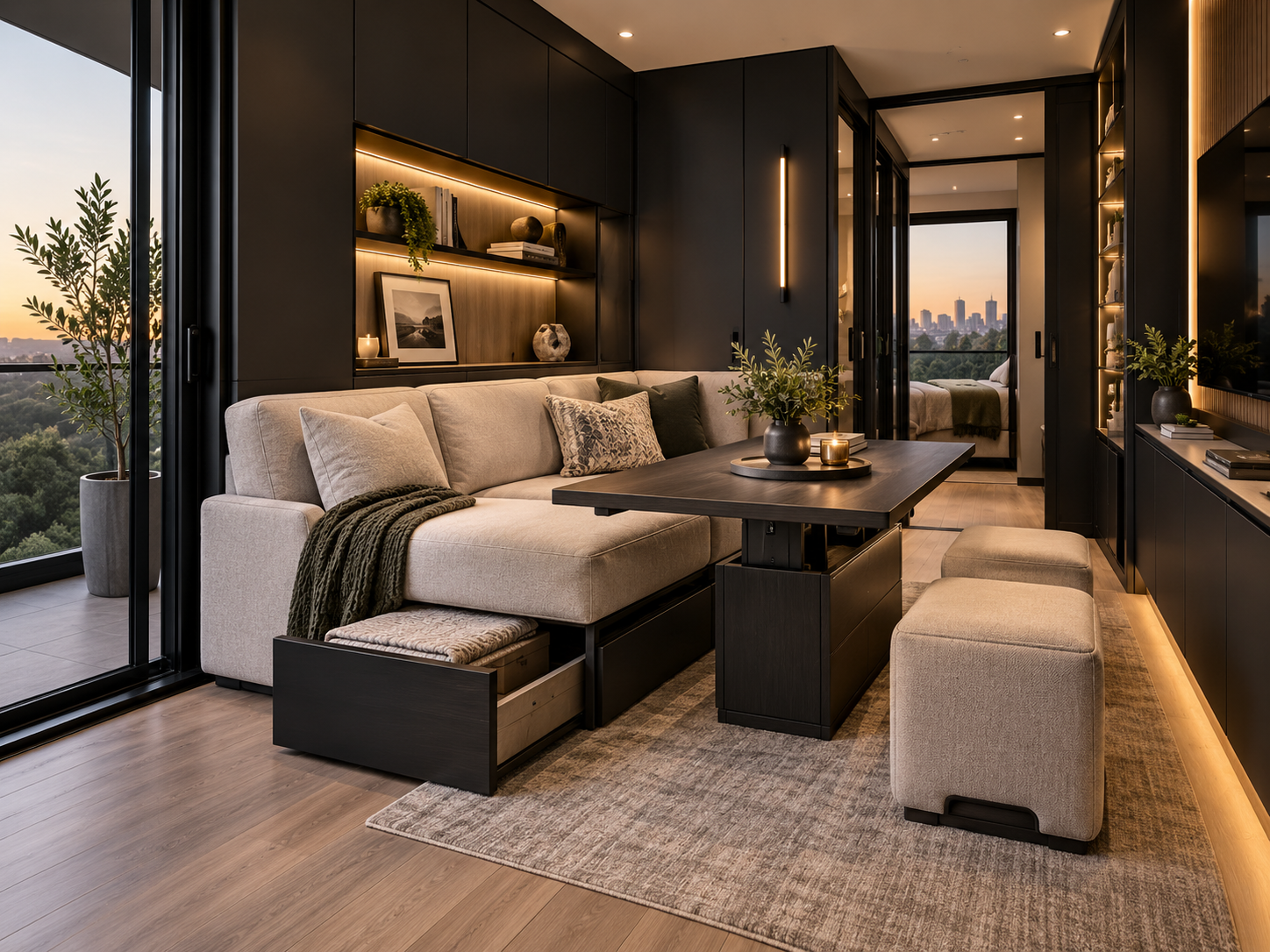 Space-saving premium lounge interior with built-in seating and flexible layout